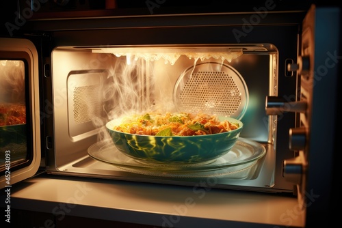 A green bowl of pasta with red sauce in an open, black, lit microwave. photo