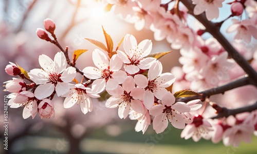 cherry blossoms in elegant pastel shades, delicately illuminated by warm sunlight 