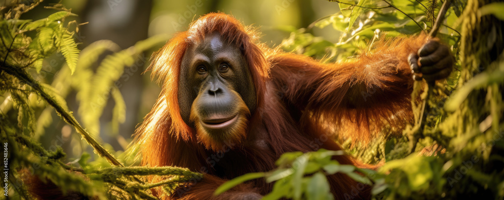 Obraz premium Sumatran orangutan swinging gracefully through the trees, surrounded by vibrant rainforest foliage