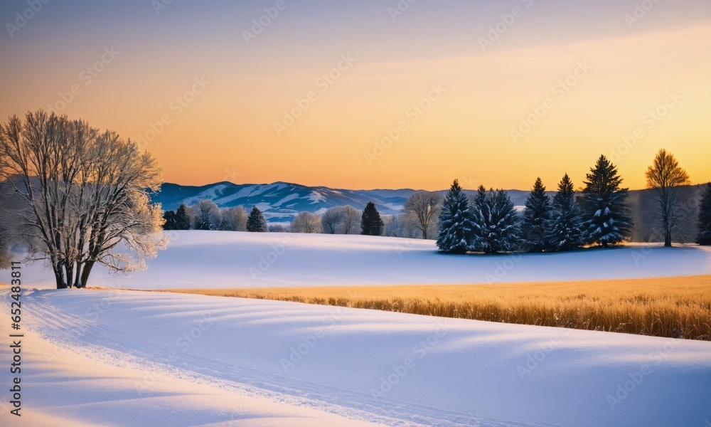 A Photograph capturing the serene beauty of a snow-covered countryside at dusk,