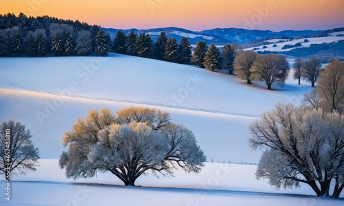 A Photograph capturing the serene beauty of a snow-covered countryside at dusk,