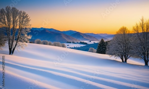 A Photograph capturing the serene beauty of a snow-covered countryside at dusk, © Universeal