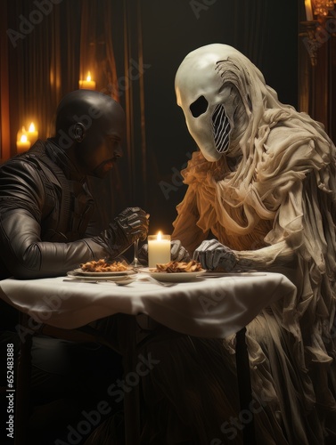 Creepy ghost dementor eats dinner with african knight by candlelight, AI