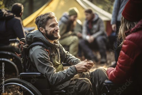 A group of friends volunteering to assist individuals with disabilities during outdoor adventures. Concept of volunteerism and support. Generative Ai.