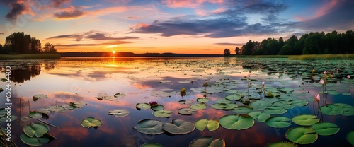 Panorama of beautiful sunrise over lake