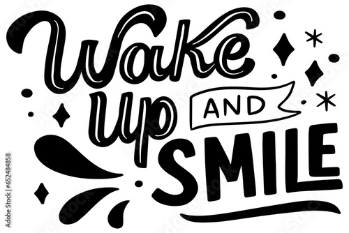 Black and white wake up and smile label shape set. Collection of trendy retro sticker cartoon shapes. Funny comic character art and quote sign patch bundle.