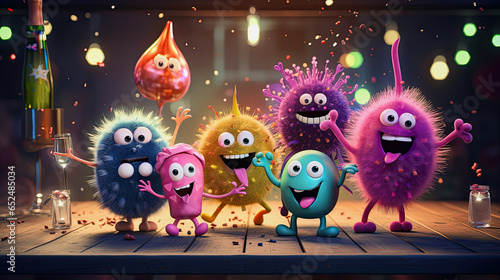 cute virus characters in different colors are celebrating a party