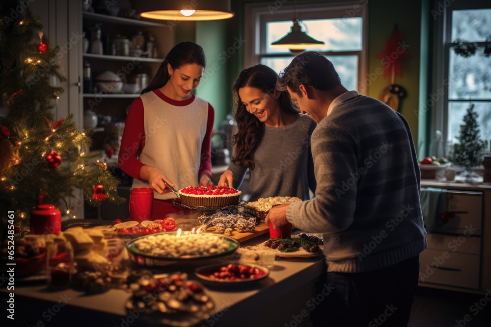 Joy of a family gathering in a festively decorated kitchen, as they prepare and bake a variety of Christmas treats