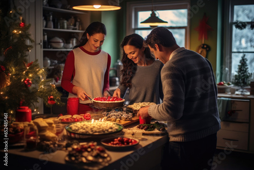 Joy of a family gathering in a festively decorated kitchen, as they prepare and bake a variety of Christmas treats