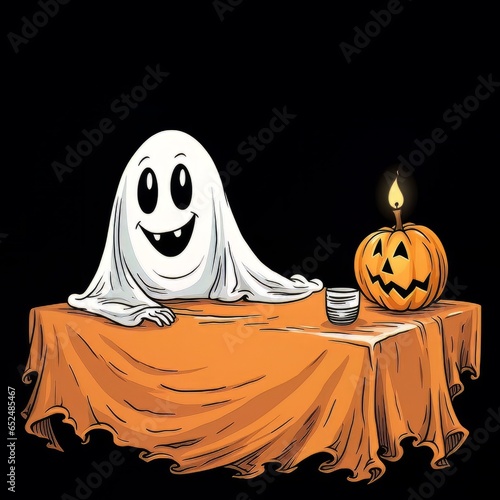 Cartoon white ghost sitting at a table by candlelight, AI