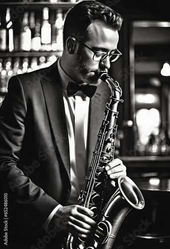 b&w vintage style illustration of a saxophone player in a bar - generative ai