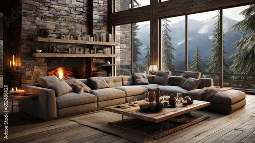 Rustic interior design defines the modern living room with grey sofas  adding a touch of elegance and comfort to the space