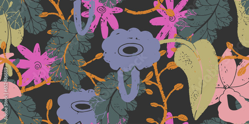 Texture flowers and leaves. For design, print, wallpaper. fabrics, paper. Vector overlapping seamless pattern.