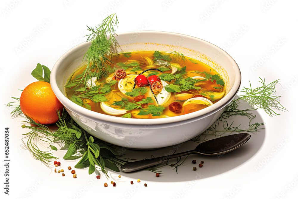 A comforting bowl of hot soup, filled with wholesome ingredients and a sprig of fresh herbs, on white background A comforting bowl of hot soup, filled with wholesome ingredients and a sprig of fresh herbs, on white background