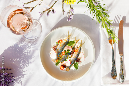 Fresh Fish Fillet with Delicious Seafood Appetizer and Healthy Organic Salad