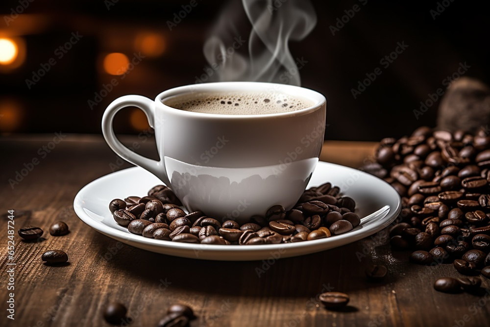 a cup of black coffee in white mug and saucer with steam and coffee beans on wooden table | Generative AI a cup of black coffee in white mug and saucer with steam and coffee beans on wooden table | Generative AI