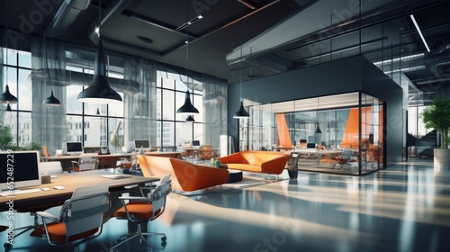 A three-dimensional illustration of a modern and conceptual office interior room designed with a contemporary style. This visually captivating image offers a glimpse into the world 