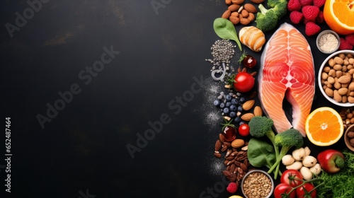 Chalk hand drawn brain picture with assorted food for brain health and good memory: fresh salmon, vegetables, nuts, berries on black background. Foods to boost brain power, top view, copy space