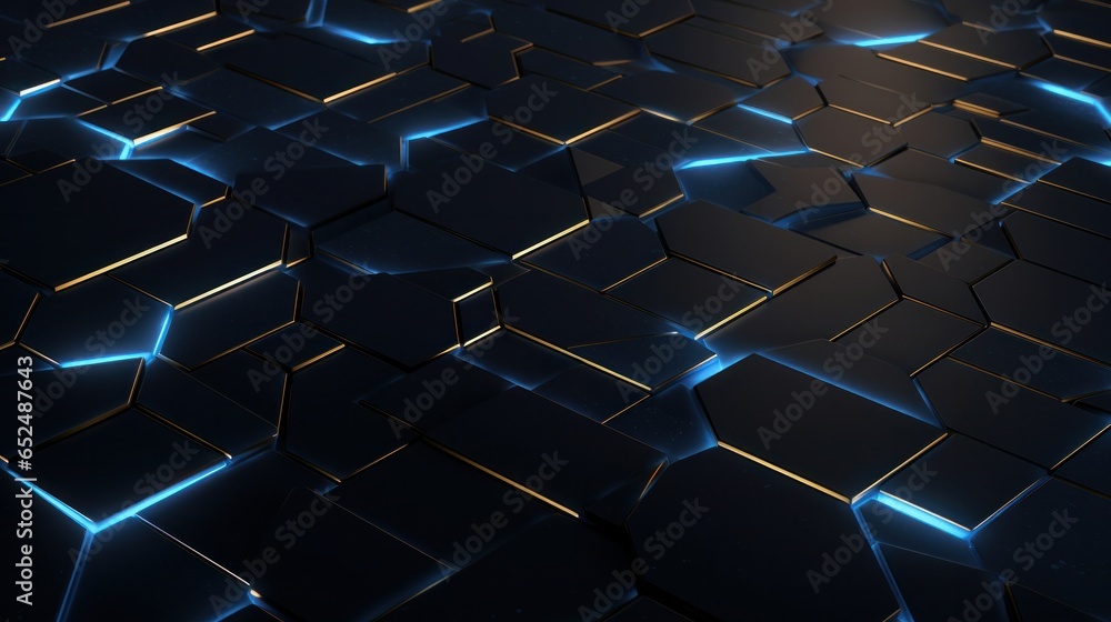 Fototapeta premium An abstract background featuring deep black tones with a captivating blue backlight, accentuated by geometric shapes adorned with striking golden glowing edges. This 3D render creates a visually stunn