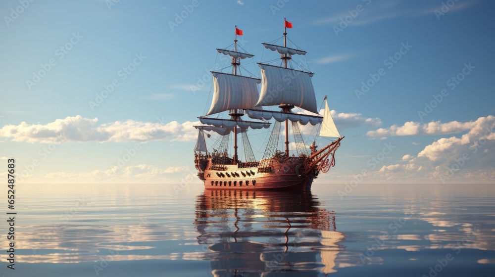 A 3D rendering showcasing a magnificent Spanish galleon sailing gracefully on a tranquil sea. This stunning visual presentation captures the timeless beauty of maritime history