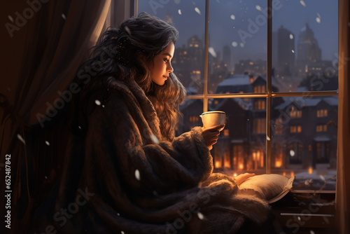 A cozy, warm scene of a person wrapped in a blanket, reading a book by the window, with a cup of hot tea, and snow falling outside