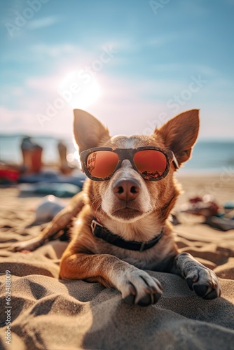 Brown and white dog on the beach wearing sunglasses with brown glasses © foto.katarinka