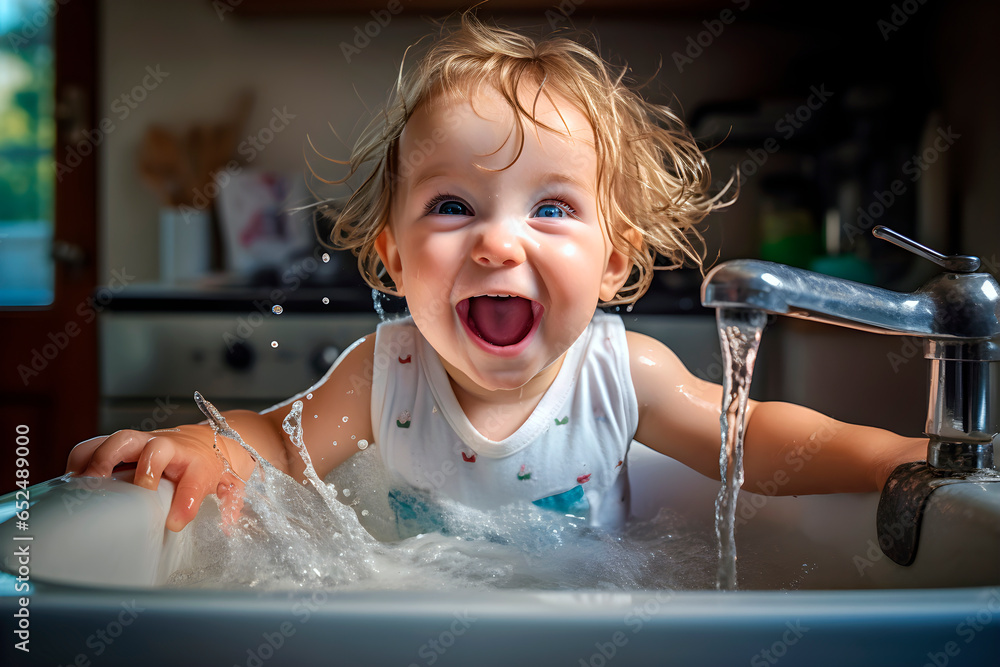 Poster Wandbilder Funny happy baby girl playing in a kitchen sink. 40x26.7 cm