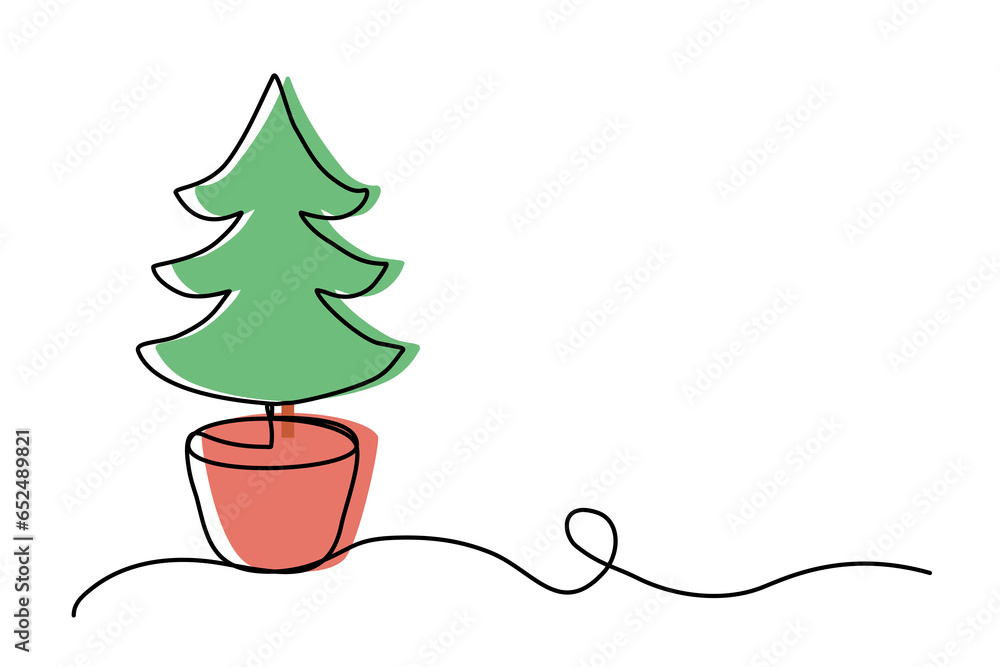 Christmas tree in pot, line art with color backdrop, continuous line vector Christmas tree in pot, line art with color backdrop, continuous line vector