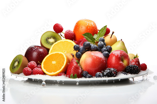 A platter of fresh  colorful fruit  sprinkled with droplets of dew  on white background