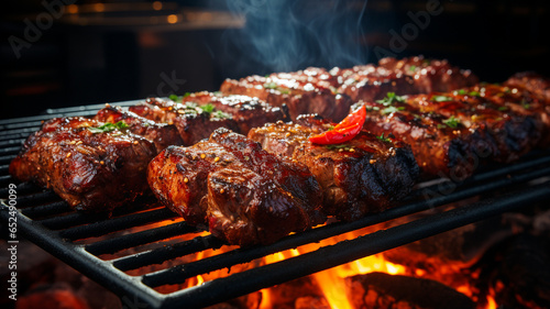 grilled meat on fire, closeup