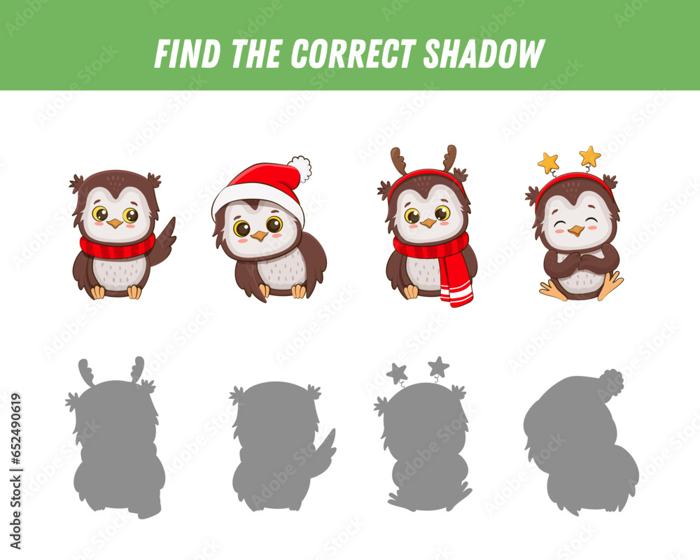 Find correct shadow of owl. Educational logical game for kids. Cartoon owlet. Christmas game. Activity page. Vector Find correct shadow of owl. Educational logical game for kids. Cartoon owlet. Christmas game. Activity page. Vector