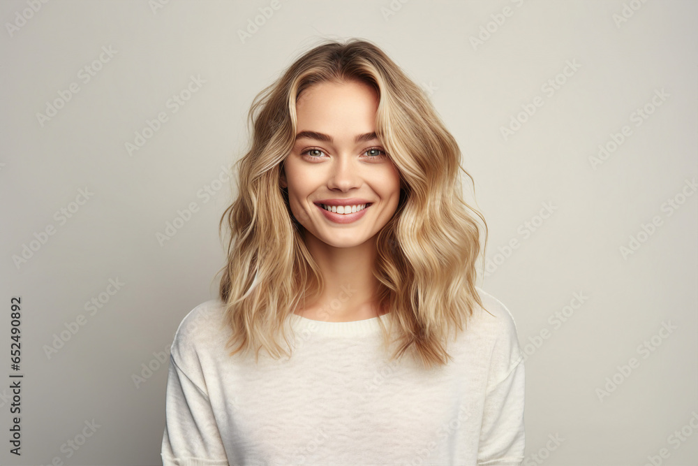 Illustration generative AI collage amazing beauty blonde woman smiling toothy beaming isolated pastel color background - obrazy, fototapety, plakaty 