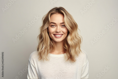 Illustration generative AI collage amazing beauty blonde woman smiling toothy beaming isolated pastel color background