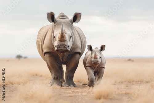 Fotografiet Young Northern White Rhinoceros calf with its mother
