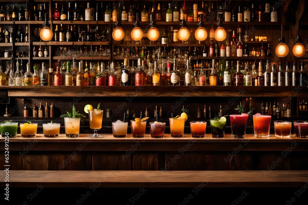 A rustic wooden bar counter with a row of artisanal cocktails lined up, showcasing mixology craftsmanship.