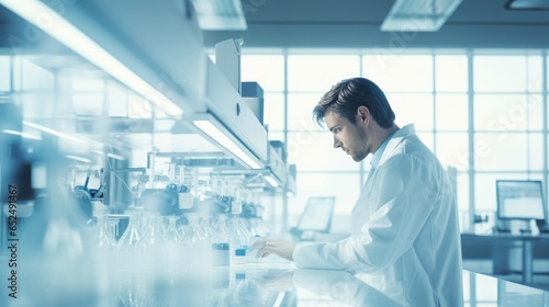 Lab technician working in a white bright laboratory