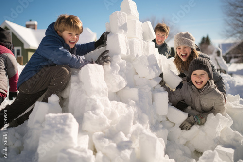 Children building a snow fort Fototapet