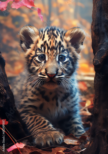 Mesmerizing Gaze of a Baby Tiger (Panthera tigris) Surrounded by Autumn Trees - Nature's Vibrant Beauty and Majestic Wilderness. Generative AI.