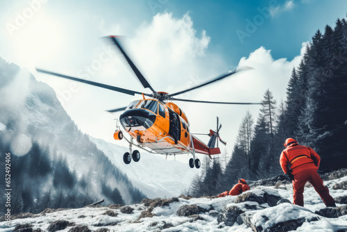 Helicopter rescue in mountains. Air rescue. Helicopter for rescue.