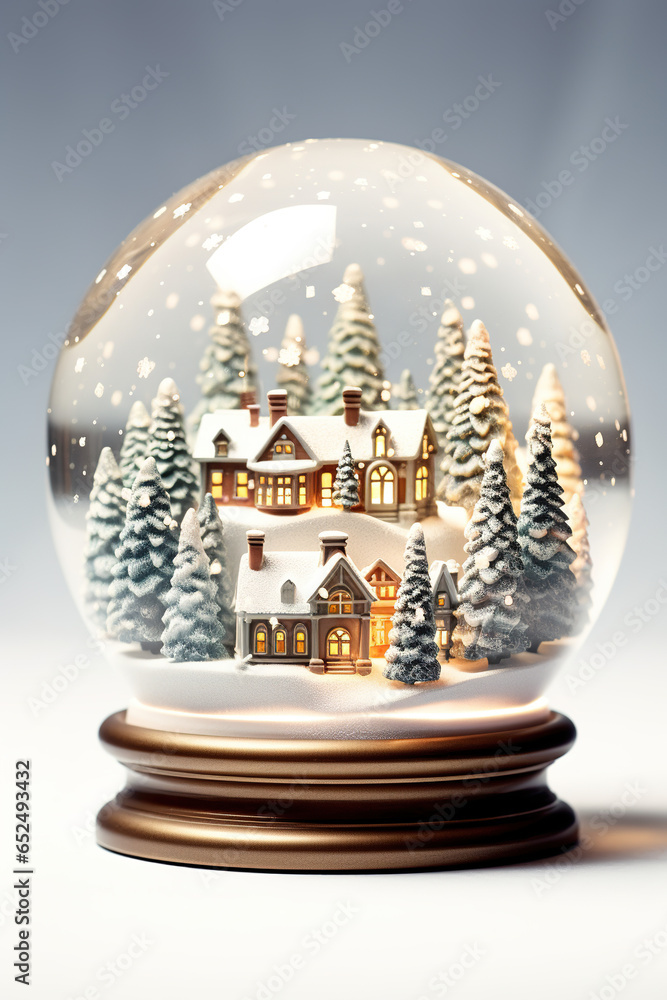 A stylized snow globe, encasing a serene, snowy village scene, with softly falling snowflakes A stylized snow globe, encasing a serene, snowy village scene, with softly falling snowflakes