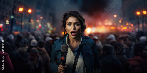 breaking news female woman reporter covering live event for news media and television press headlines standing in the middle of the street holding microphone as wide banner with copyspace area