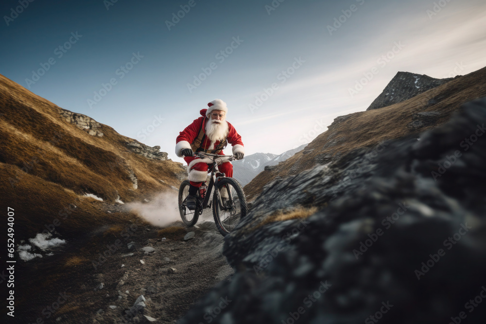 Fototapeta premium Santa Claus on a bike in the mountains. active pension and sports. merry christmas and new year. generative ai, ai