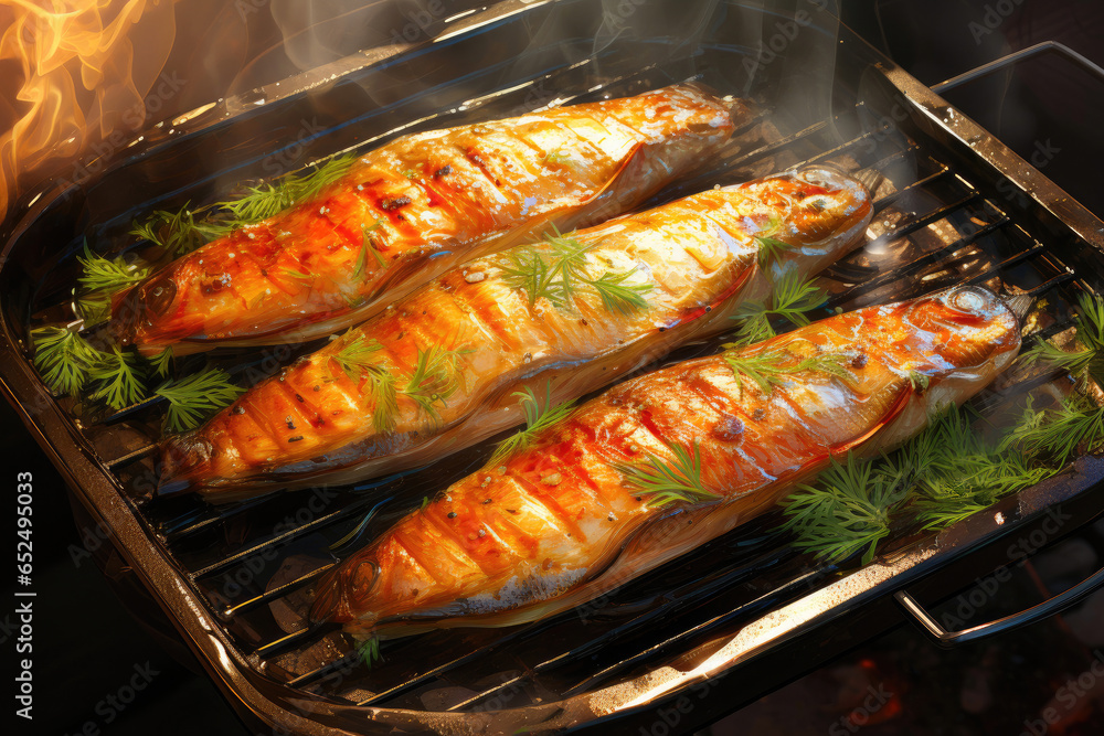 Smoked Fish on Charcoal, Aerial Perspective Smoked Fish on Charcoal, Aerial Perspective