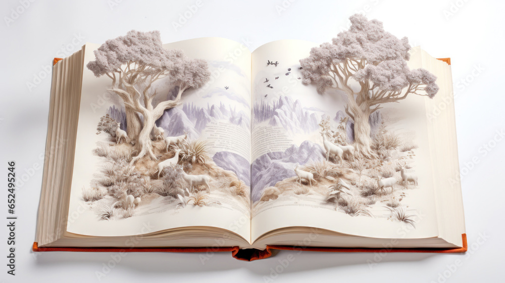 Illustration of an open Bible book showing the story of Gods creation in the book of Genesis Generative AI Illustration of an open Bible book showing the story of Gods creation in the book of Genesis Generative AI