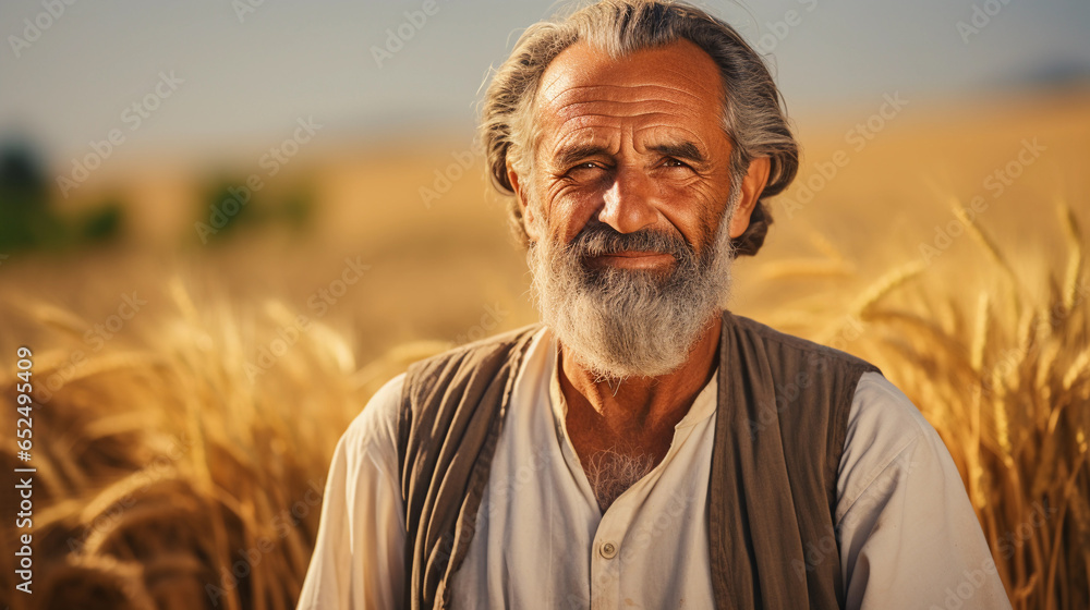 Old senior aged greek farmer standing in her wheat field wearing traditional outfit