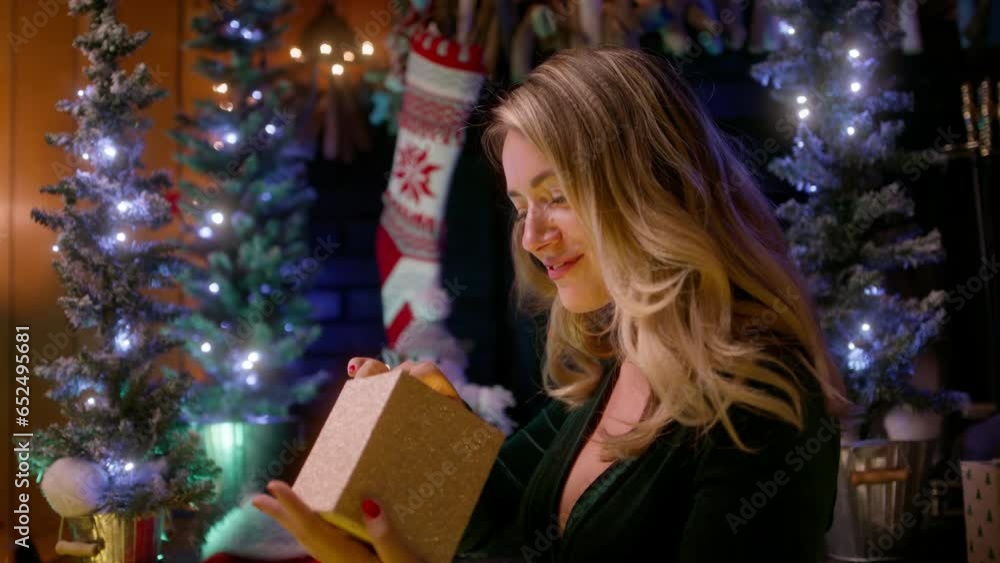 Attractive smiling model wears a velvet emerald dress, looks happy. Christmas tree lights on background 4K, Gorgeous young beautiful woman opening a golden gift box, light shines on her beautiful face Attractive smiling model wears a velvet emerald dress, looks happy. Christmas tree lights on background 4K, Gorgeous young beautiful woman opening a golden gift box, light shines on her beautiful face