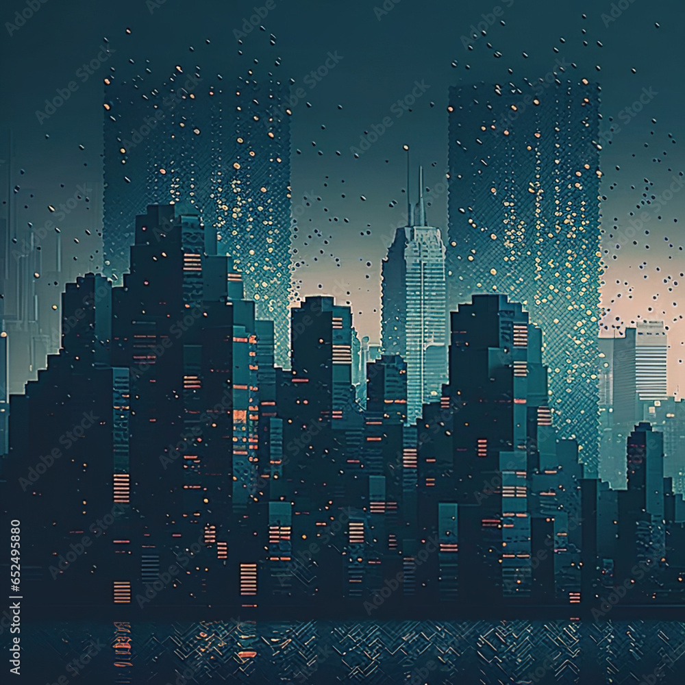  digital illustration of a city skyline at night. The image is in a dark blue color palette with orange and white accents. The buildings are tall and have a futuristic design with many windows. - obrazy, fototapety, plakaty 