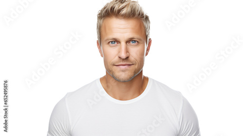 portrait of a 30 year old attractive man with short blond hair and beard isolated against transparent background