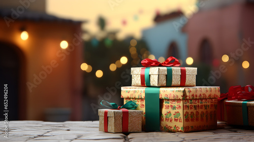 Fondo navideño con colores vibrantes, esferas y luces de colores cajas con listones y boken brillante