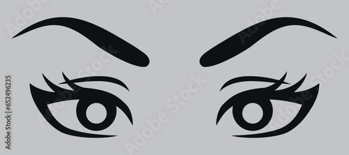 Eyes with eyebrows. Black silhouette. Vector on gray background